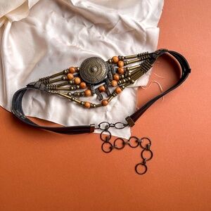 Vintage 1970s Bohemian Brass and Wood Belt (M/L)